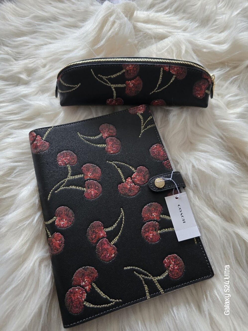 Coach Black Cherry Embroidered Leather Notebook Cover & Zip Pouch